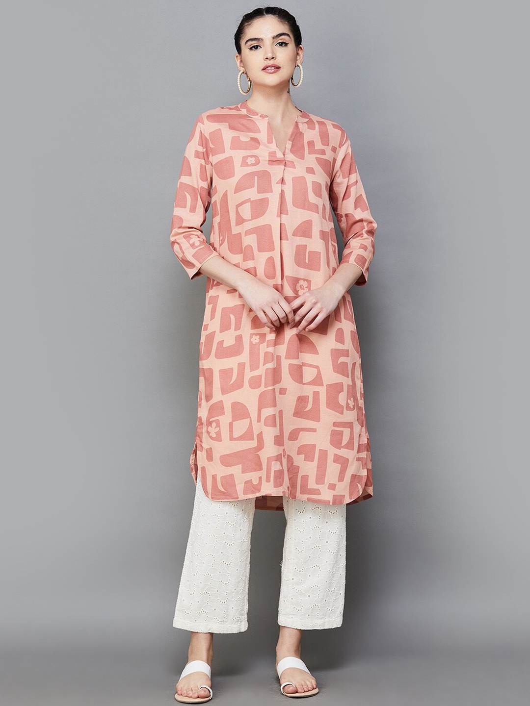 

Melange by Lifestyle Geometric Printed Mandarin Collar A-Line Pure Cotton Kurta, Pink