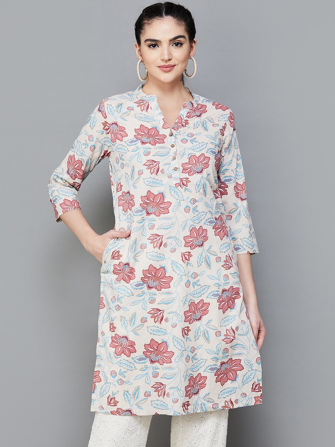

Melange by Lifestyle Floral Printed Mandarin Collar Straight Pure Cotton Kurta, Beige