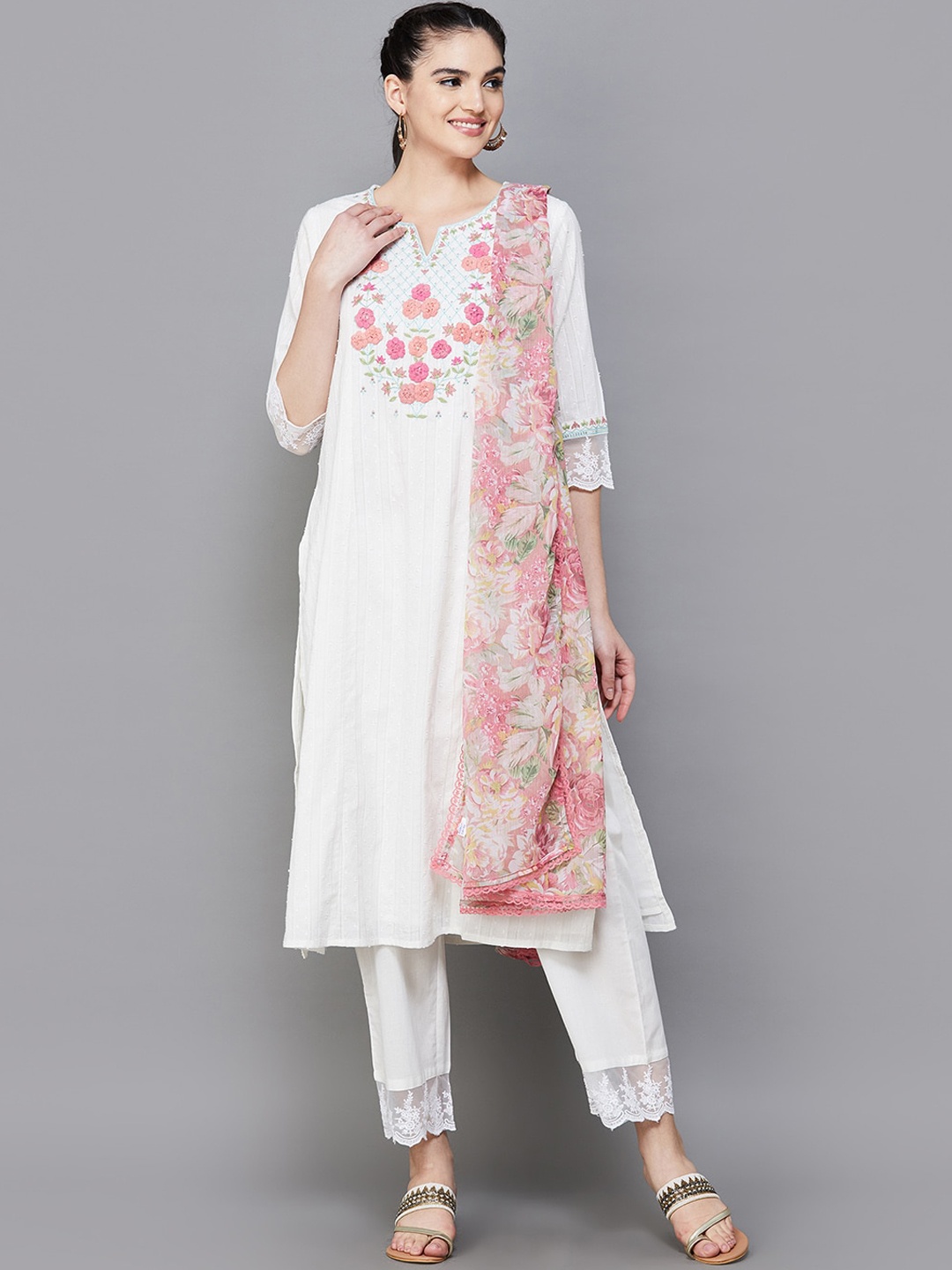 

Melange by Lifestyle Floral Embroidered Thread Work Pure Cotton Kurta with Trousers & With, Off white