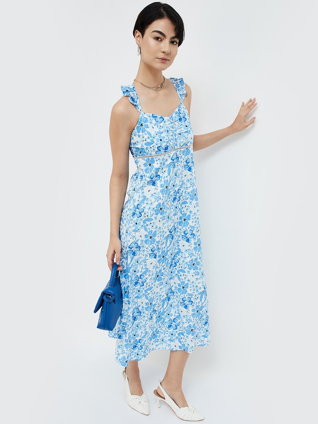 

Ginger by Lifestyle Floral Printed Shoulder Straps A-Line Midi Dress, Blue