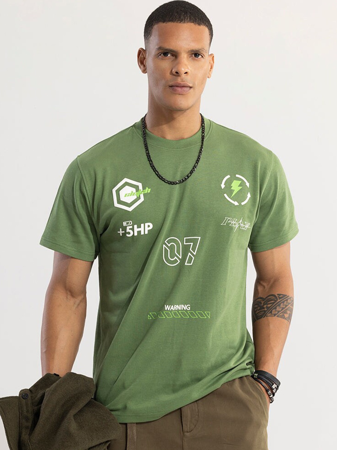 Snitch Green Typography Printed Cotton T-shirt