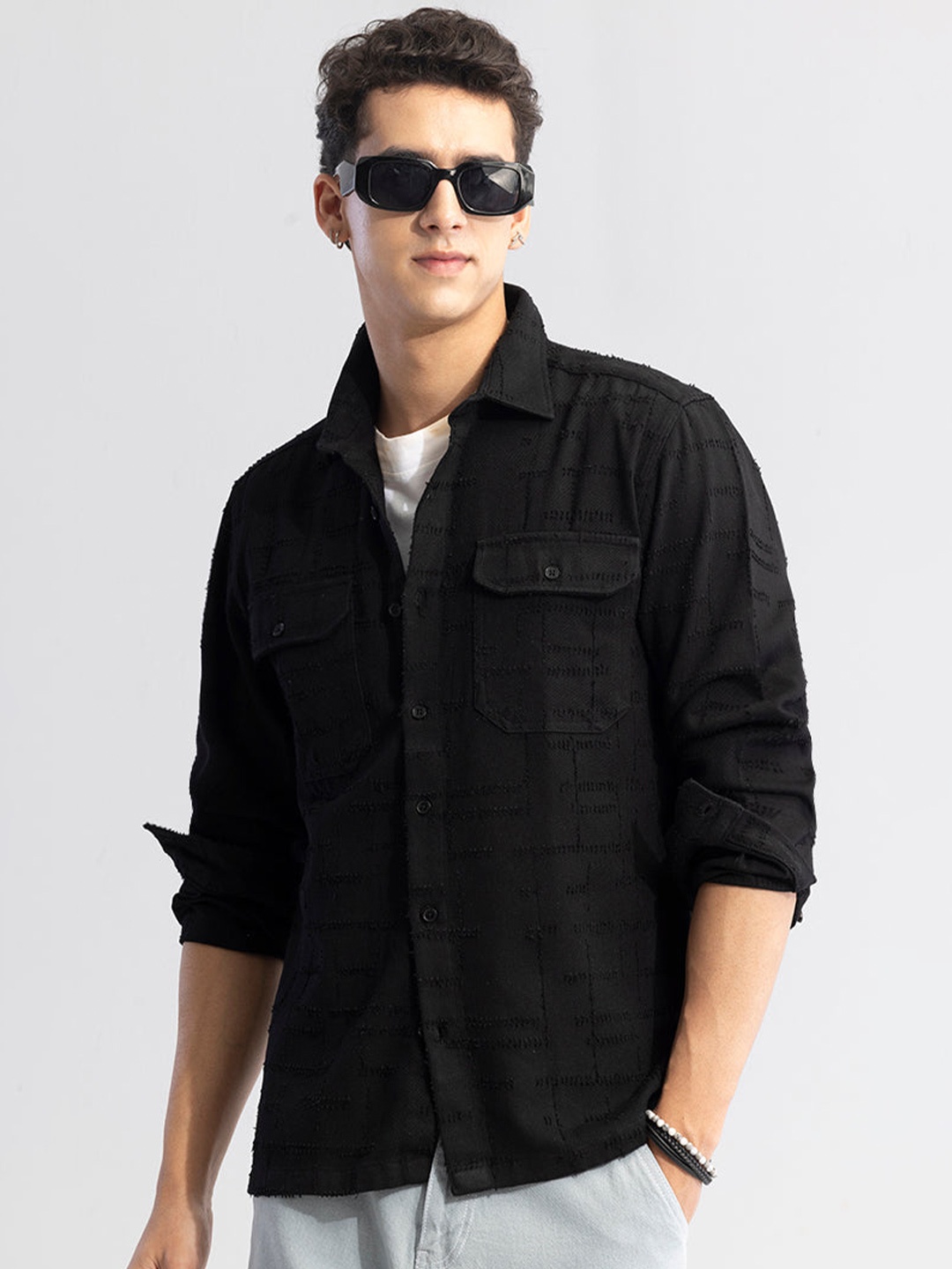 

Snitch Black Classic Self Designed Spread Collar Cotton Casual Shirt