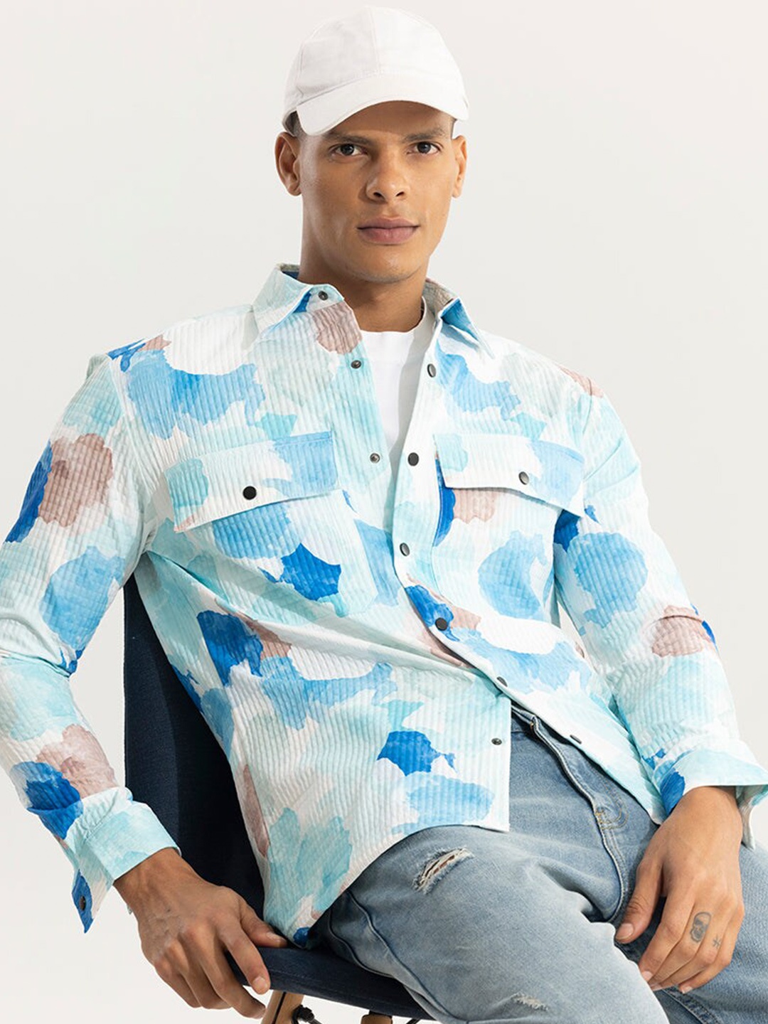 

Snitch Blue Classic Tailored Fit Abstract Printed Spread Collar Casual Shacket