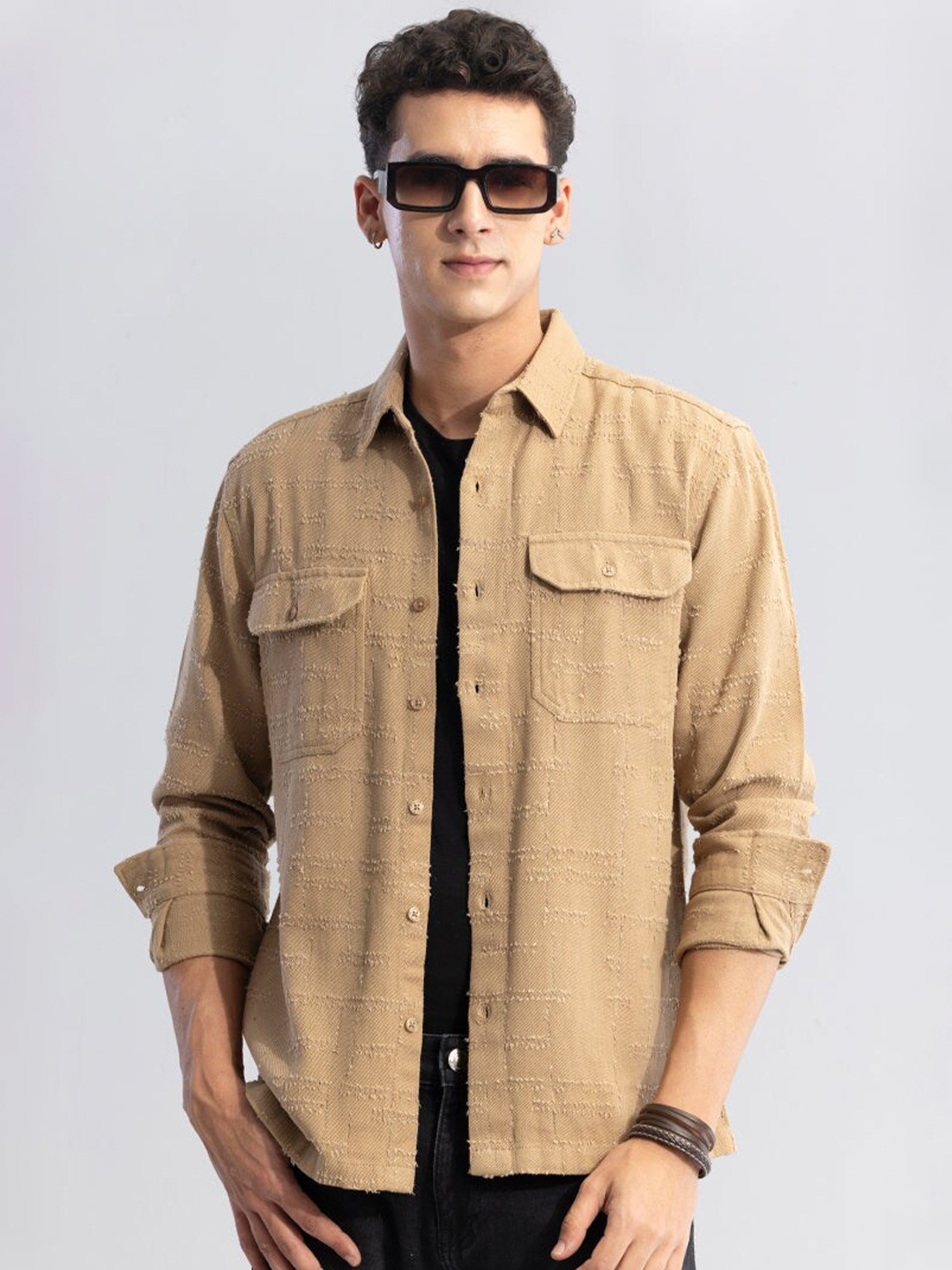 

Snitch Brown Classic Self Designed Spread Collar Cotton Casual Shacket