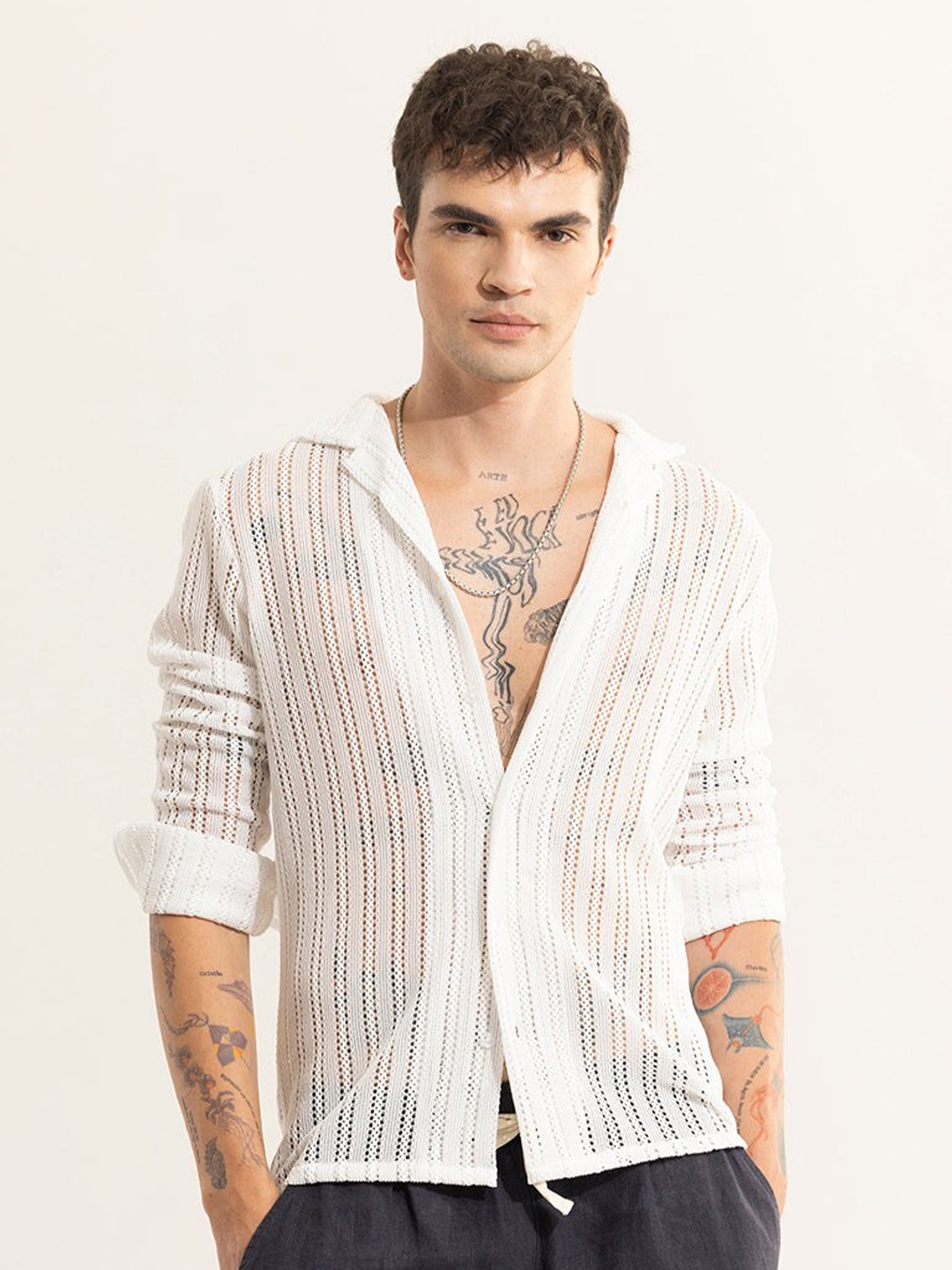 

Snitch White Classic Self Designed Cuban Collar Casual Shirt