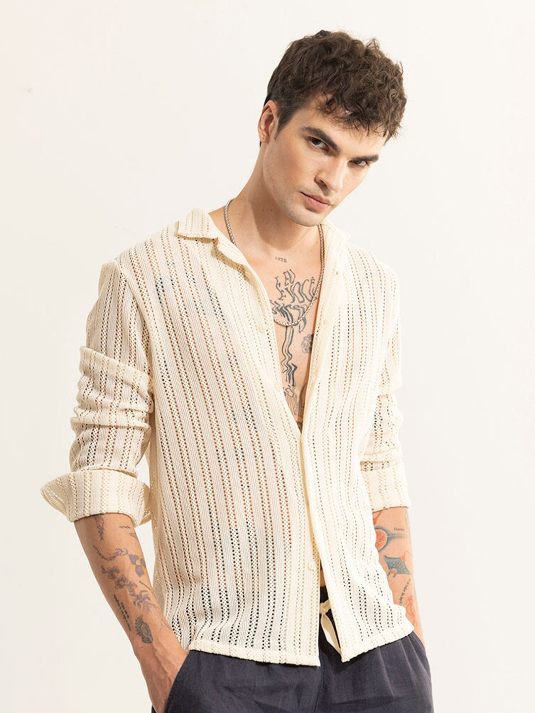 

Snitch Cream-Coloured Classic Self Design Cuban Collar Casual Shirt