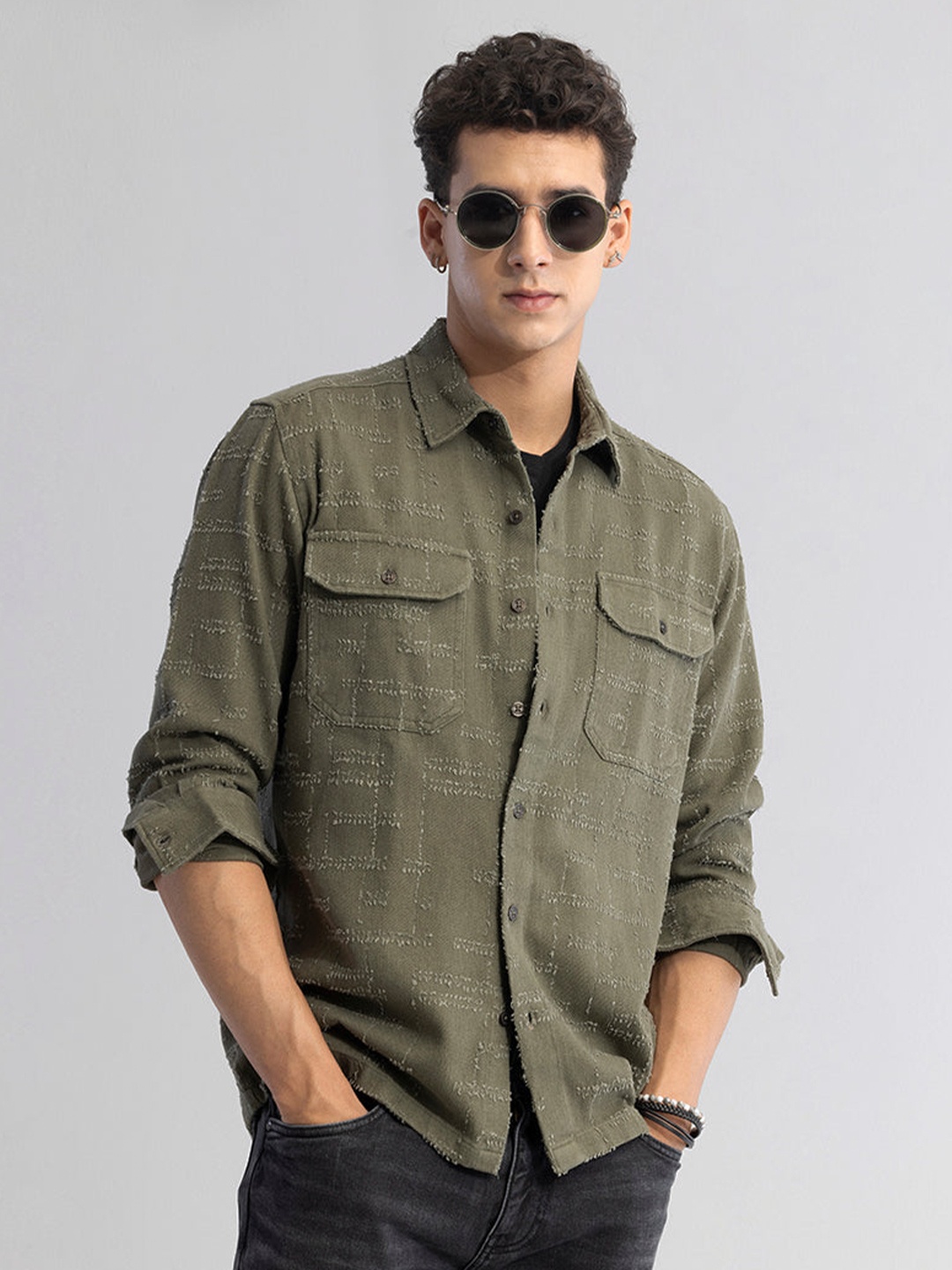 

Snitch Olive Green Classic Textured Cotton Casual Shirt