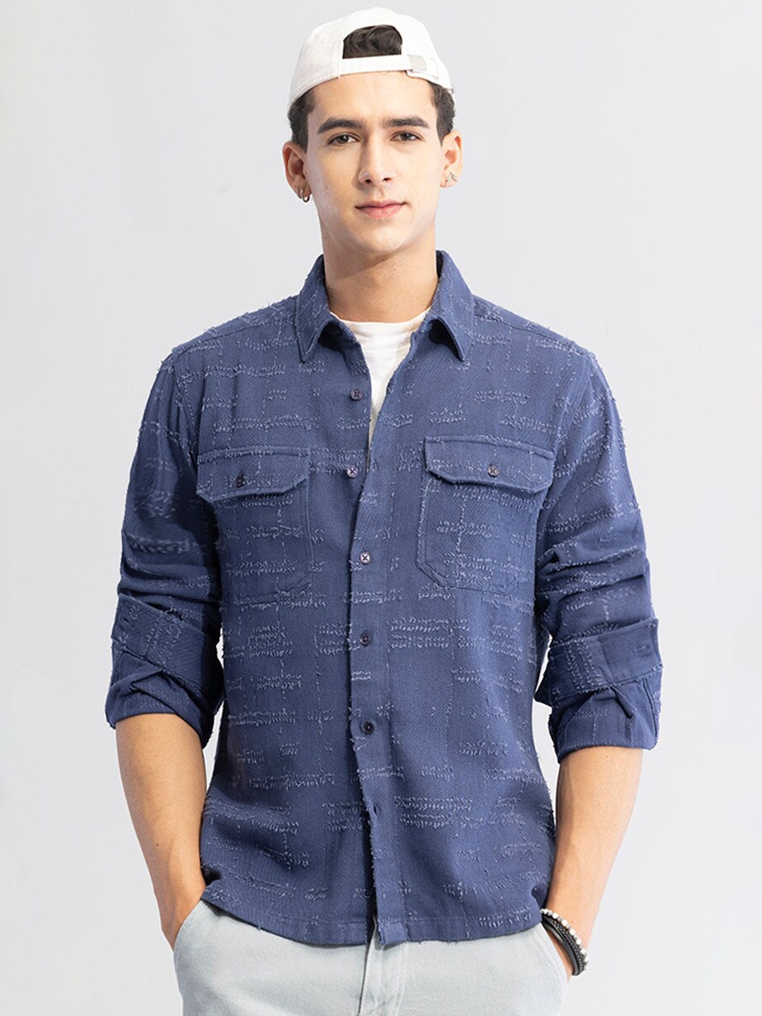 

Snitch Navy Blue Classic Textured Cotton Casual Shirt