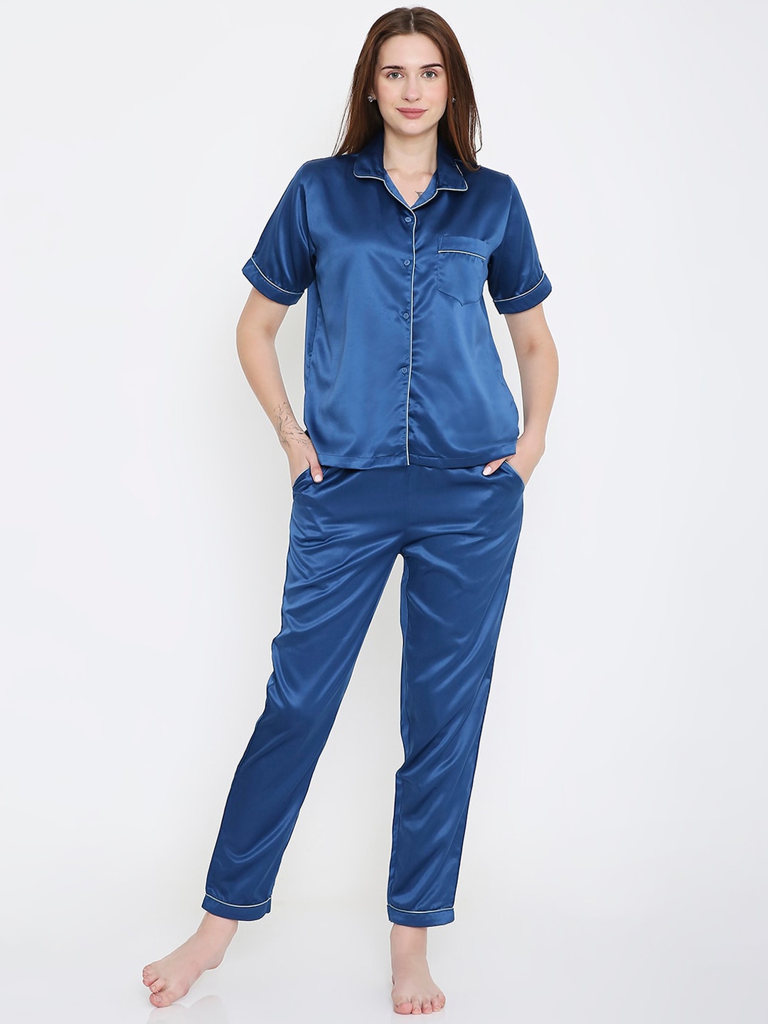 

Arendelle Lapel Collar Satin Night suit, Navy blue