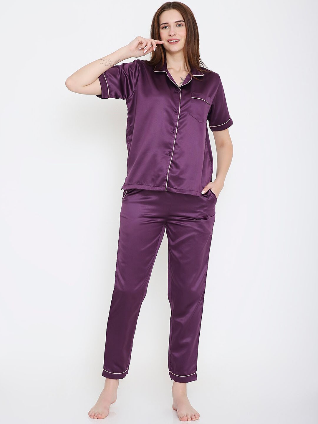 

Arendelle Lapel Collar Satin Night suit, Purple