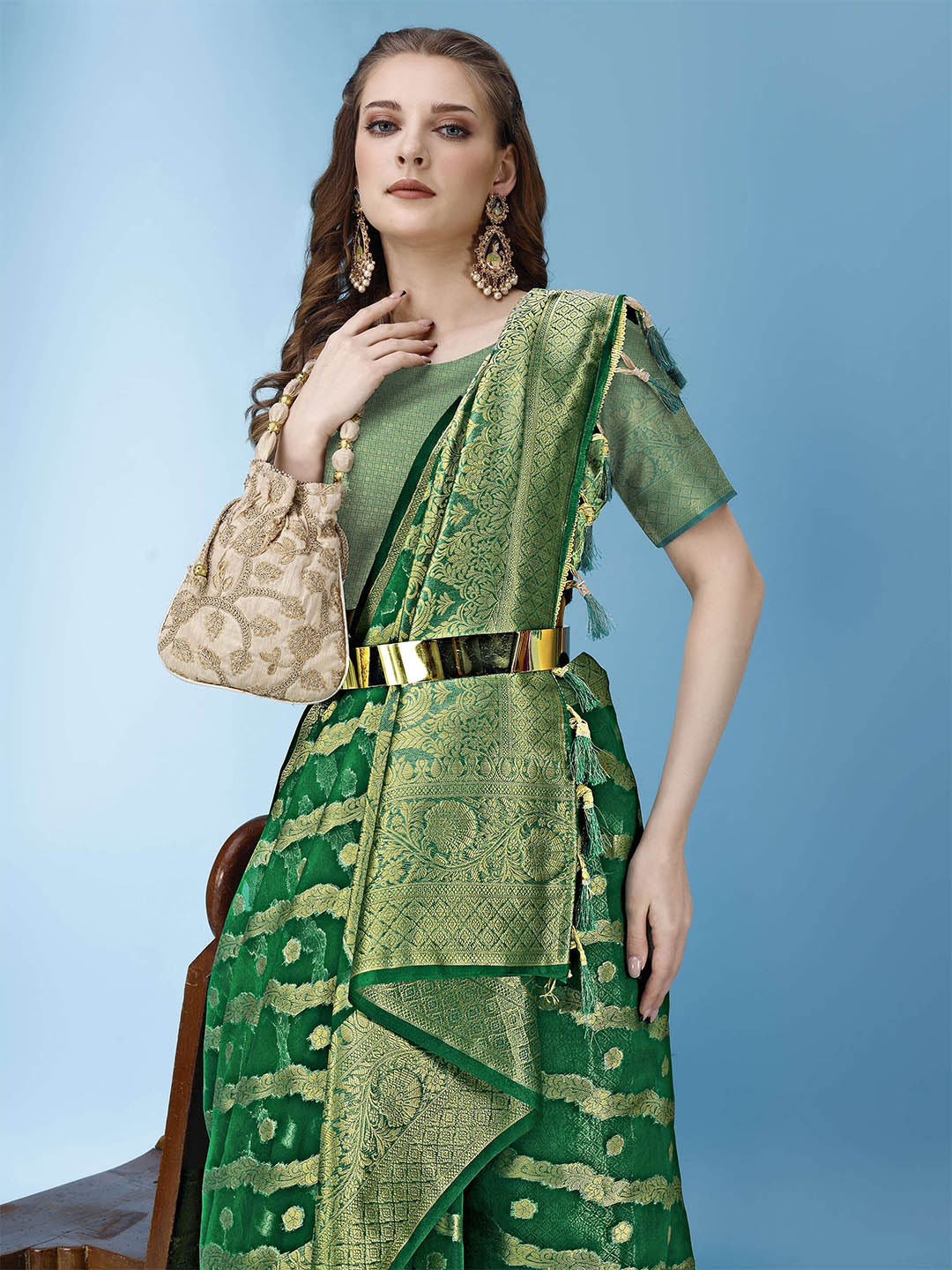 ANISSA SAREE Woven Design Zari Organza Banarasi Saree, Green
