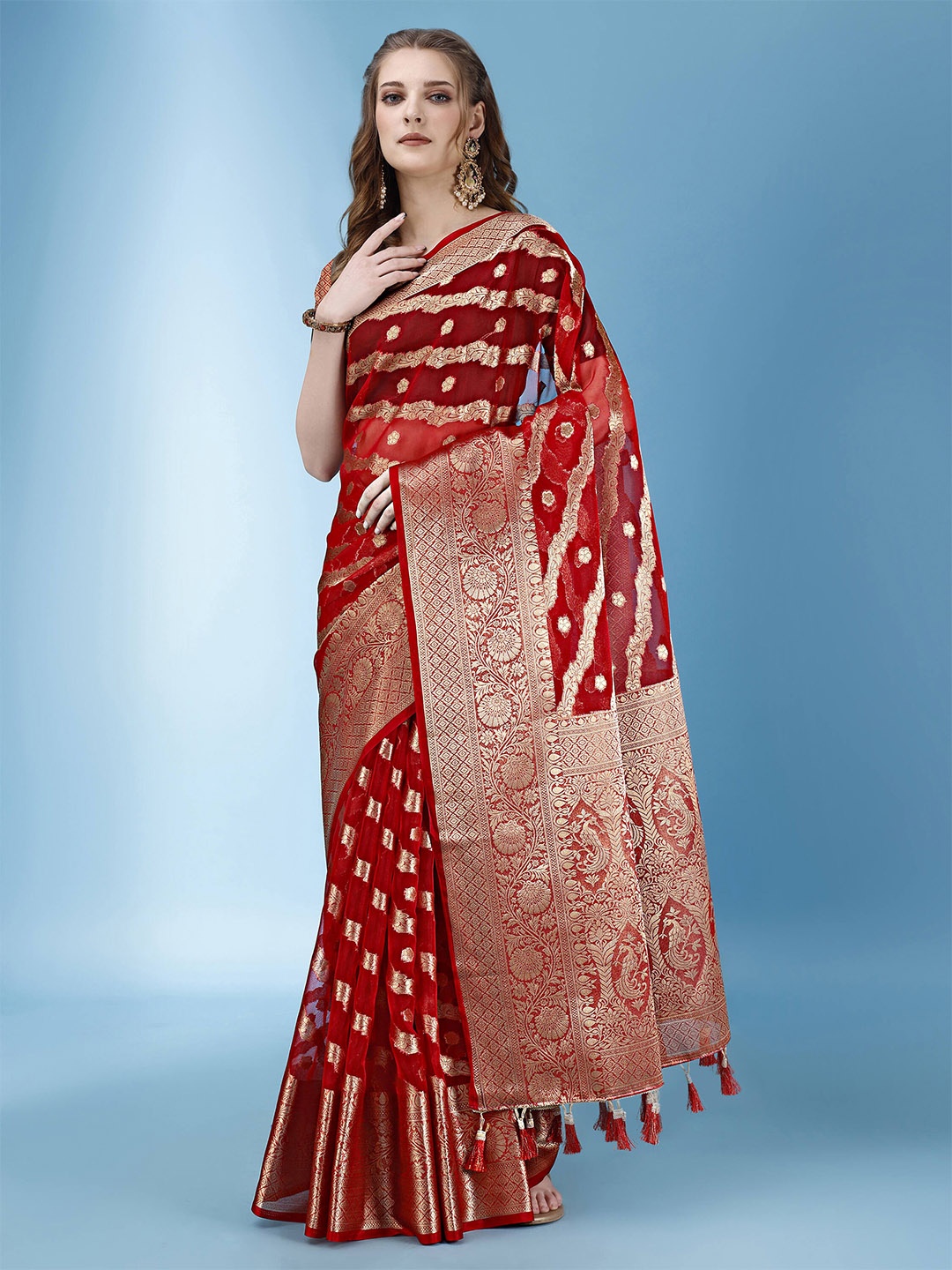 

ANISSA SAREE Woven Design Zari Organza Banarasi Saree, Red