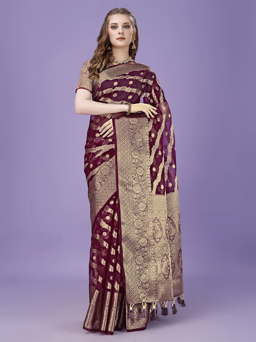 

ANISSA SAREE Woven Design Zari Organza Banarasi Saree, Burgundy