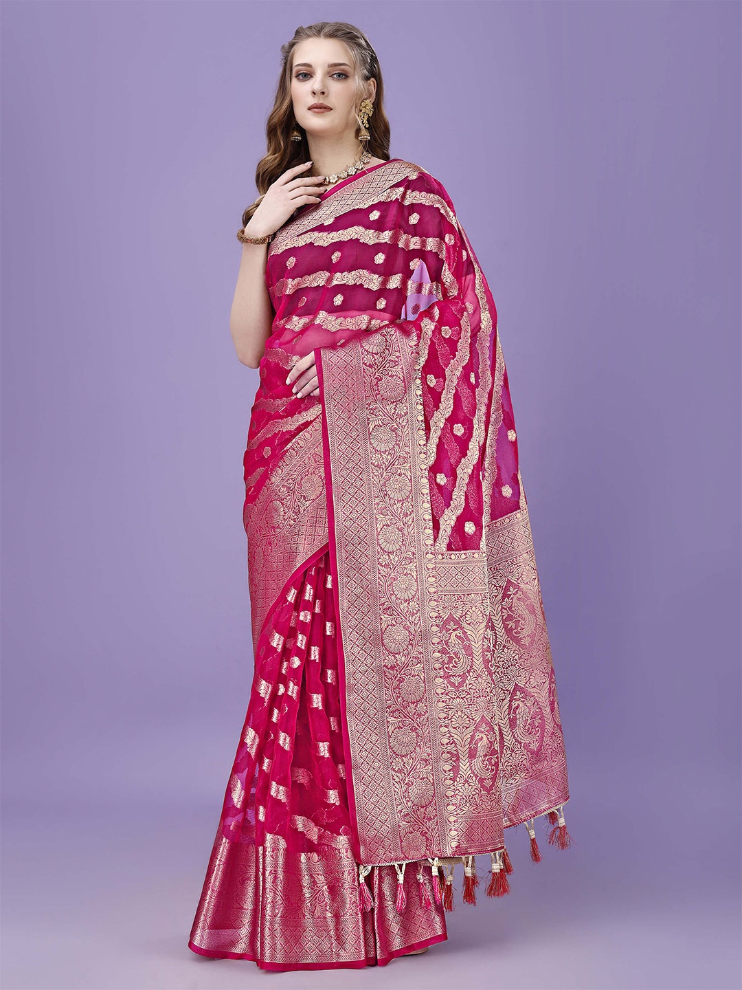 

ANISSA SAREE Woven Design Zari Organza Banarasi Saree, Pink