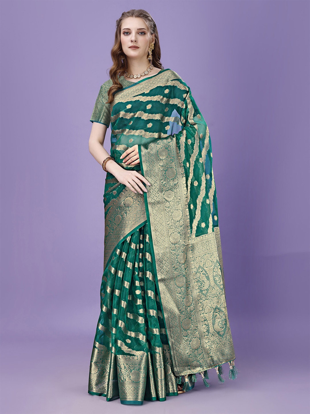 

ANISSA SAREE Woven Design Zari Organza Banarasi Saree, Sea green