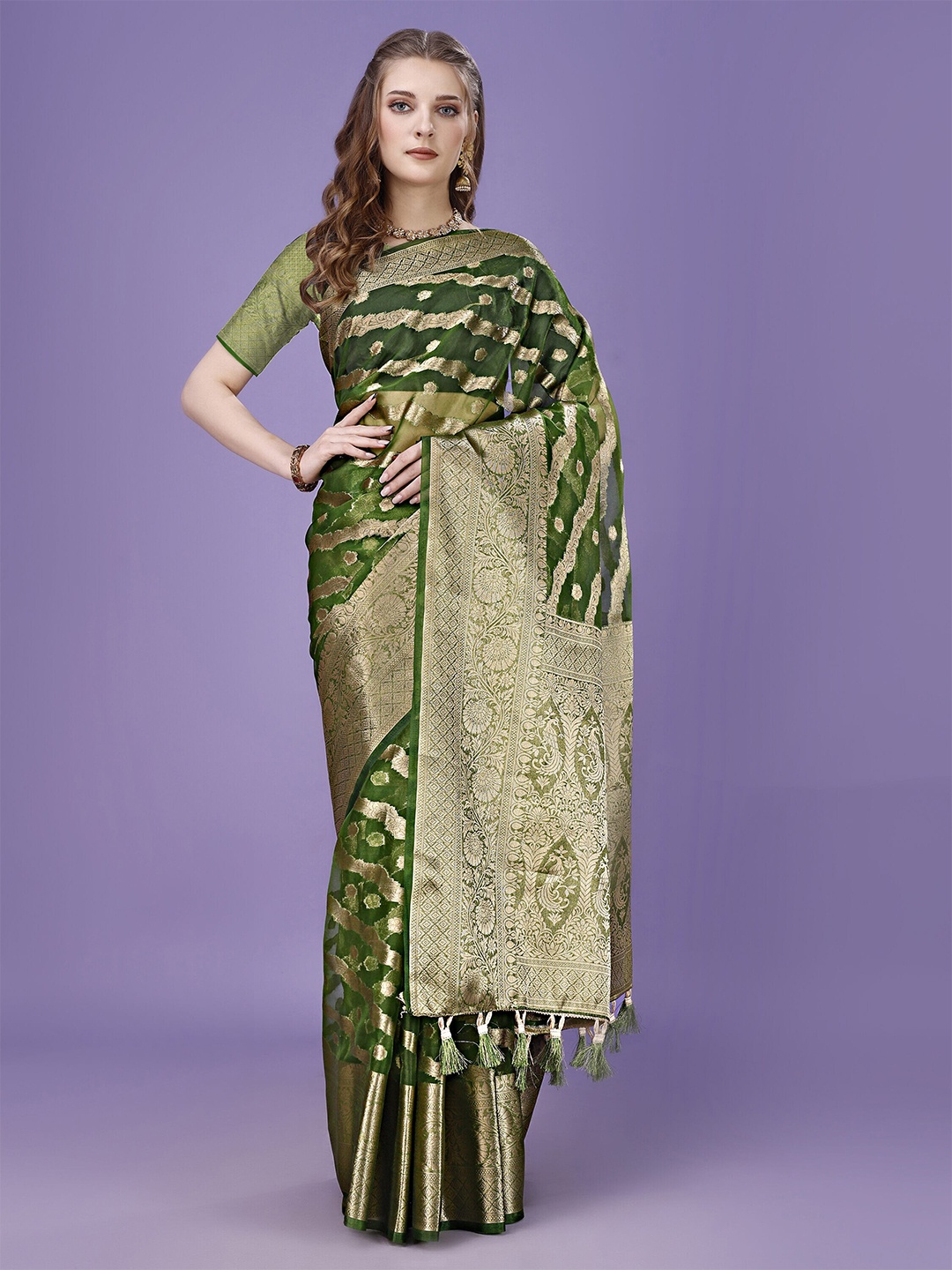 ANISSA SAREE Woven Design Zari Organza Banarasi Saree, Olive