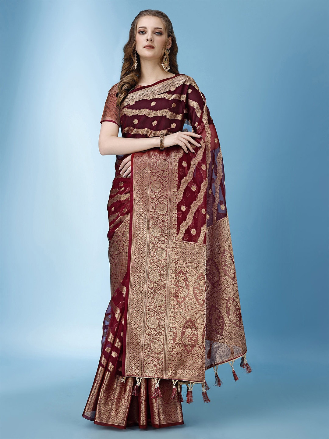 

ANISSA SAREE Woven Design Zari Organza Banarasi Saree, Maroon