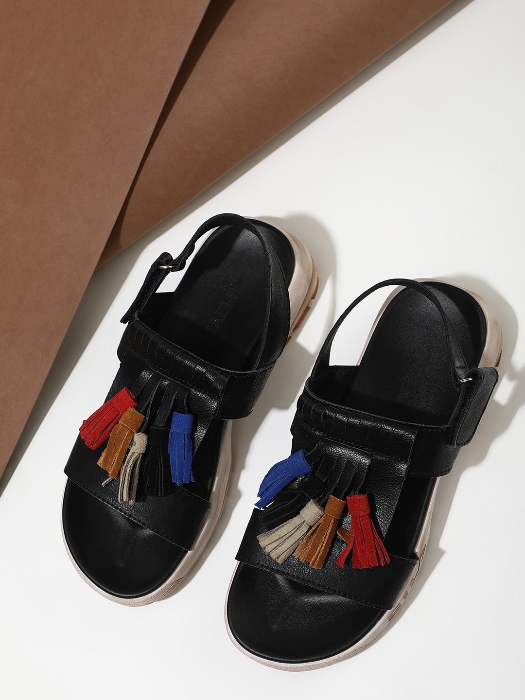 

LULU & SKY Textured Tassels Open Toe Flats, Black