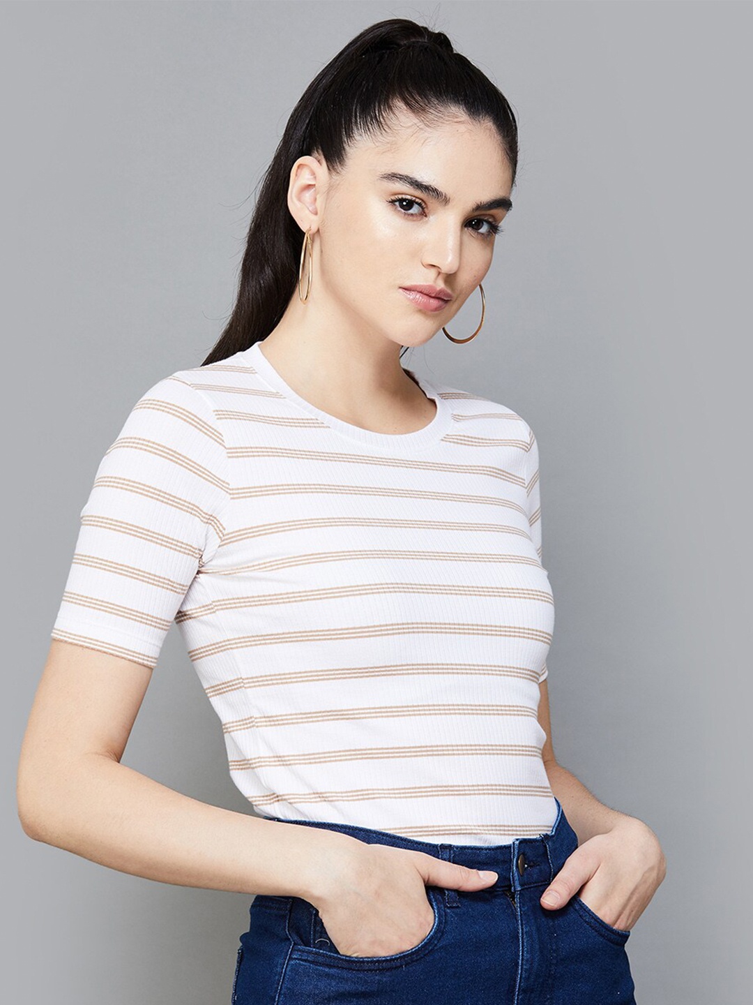 

CODE by Lifestyle Striped Cotton Fitted Crop Top, White