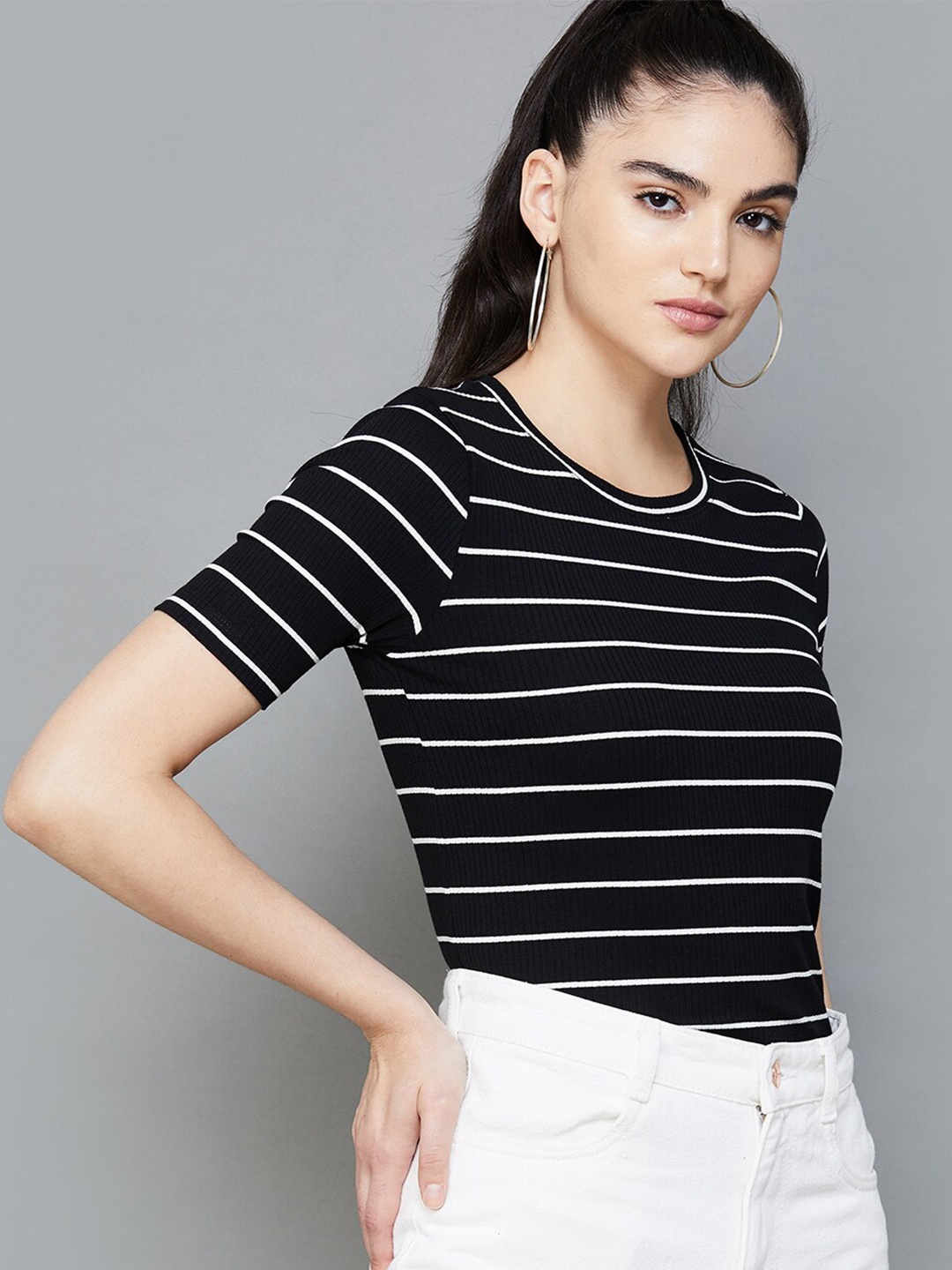 

CODE by Lifestyle Striped Cotton Regular Top, Black