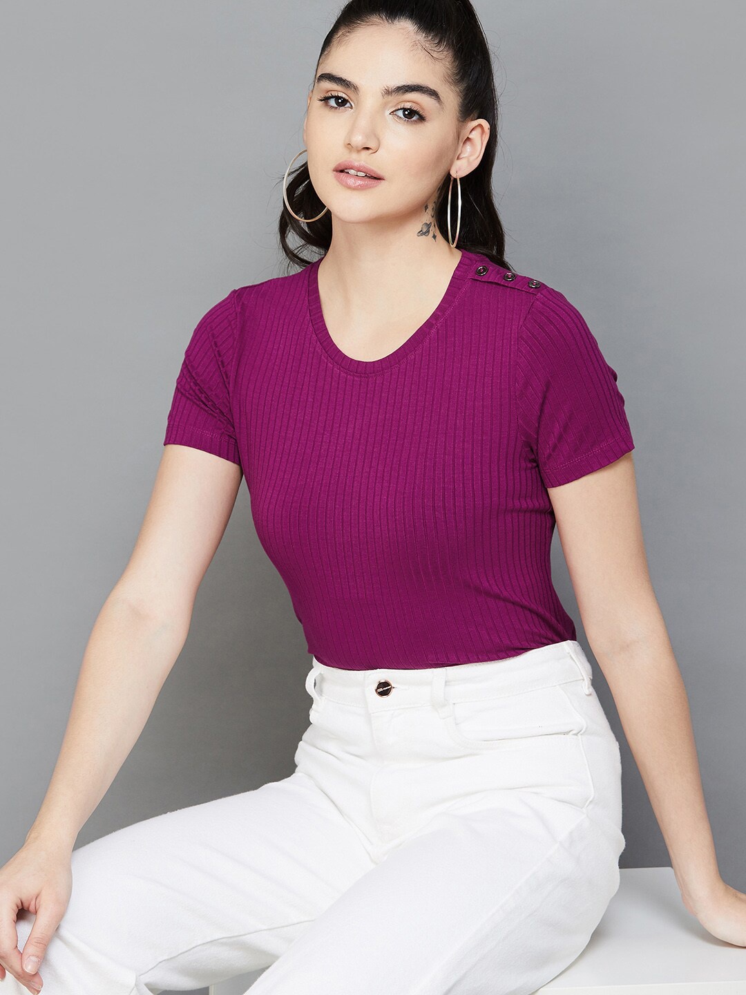 

CODE by Lifestyle Striped Self Design Top, Pink