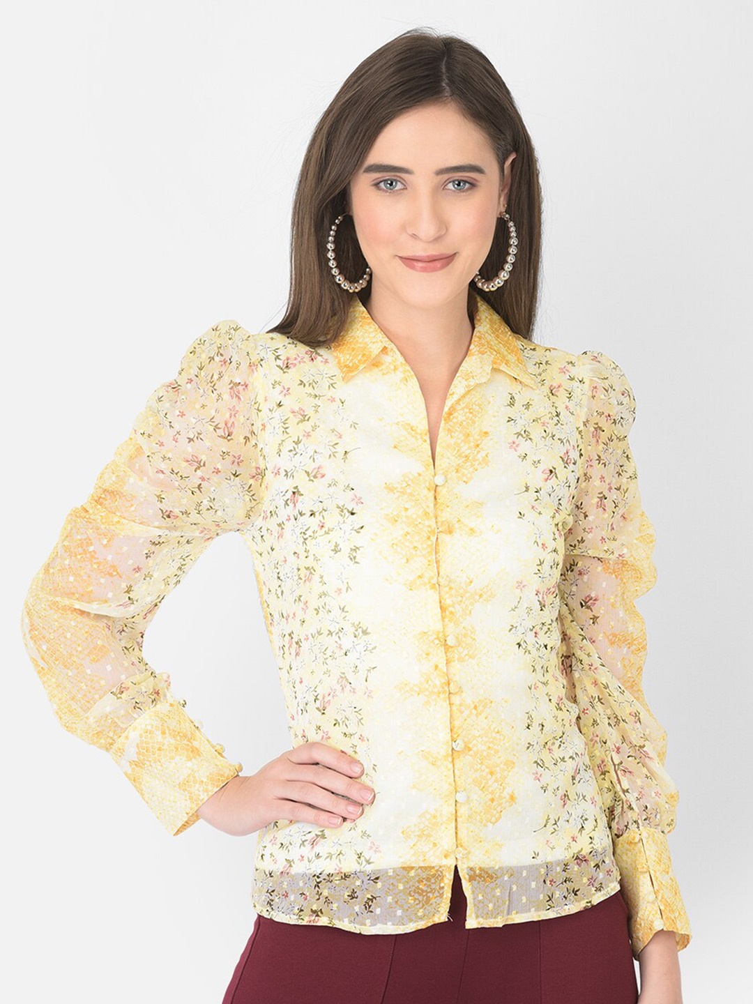 

Latin Quarters Shirt Collar Floral Print Shirt Style Top, Yellow