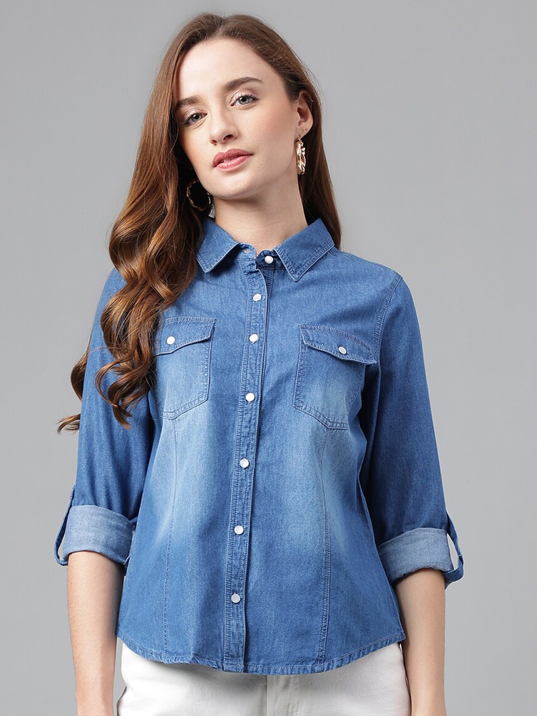 

Latin Quarters Cotton Spread Collar Roll-Up Sleeves Casual Shirt, Blue