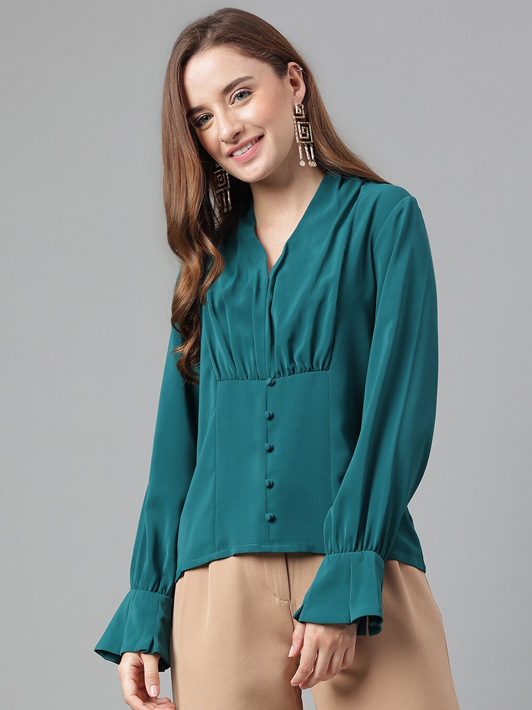 

Latin Quarters V-Neck Bell Sleeve A-Line Opaque Casual Top, Green