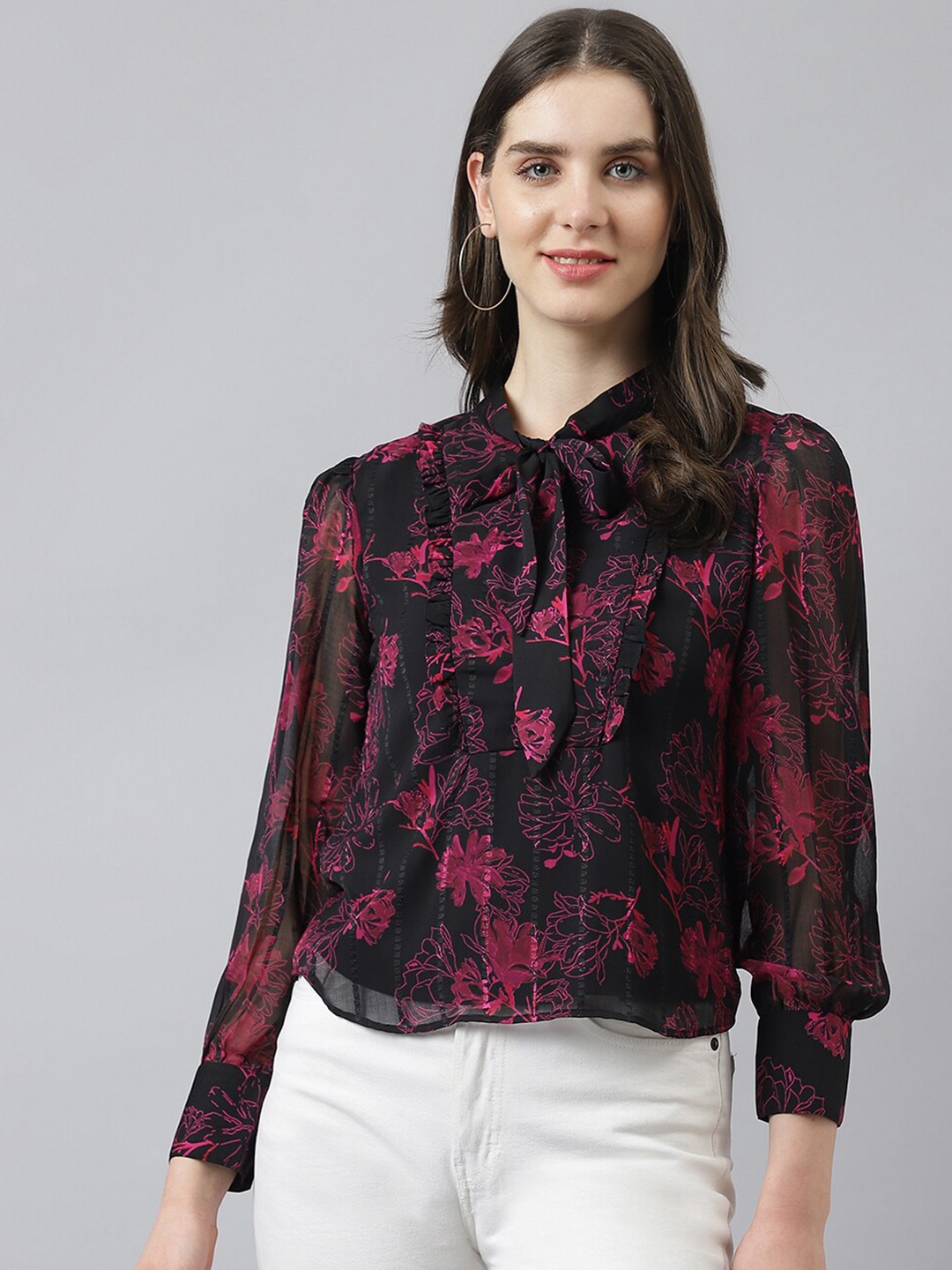 

Latin Quarters Floral Print Tie-Up Neck Cuffed Sleeves Opaque Casual Top, Black