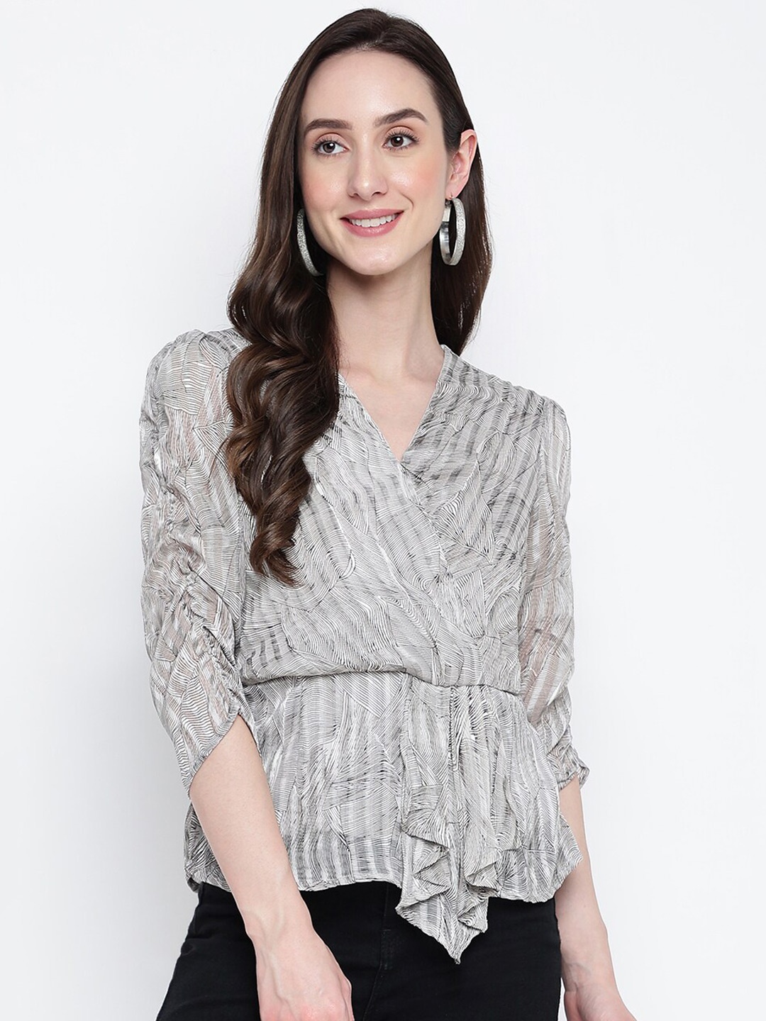 

Latin Quarters V-Neck Print Wrap Top, Black