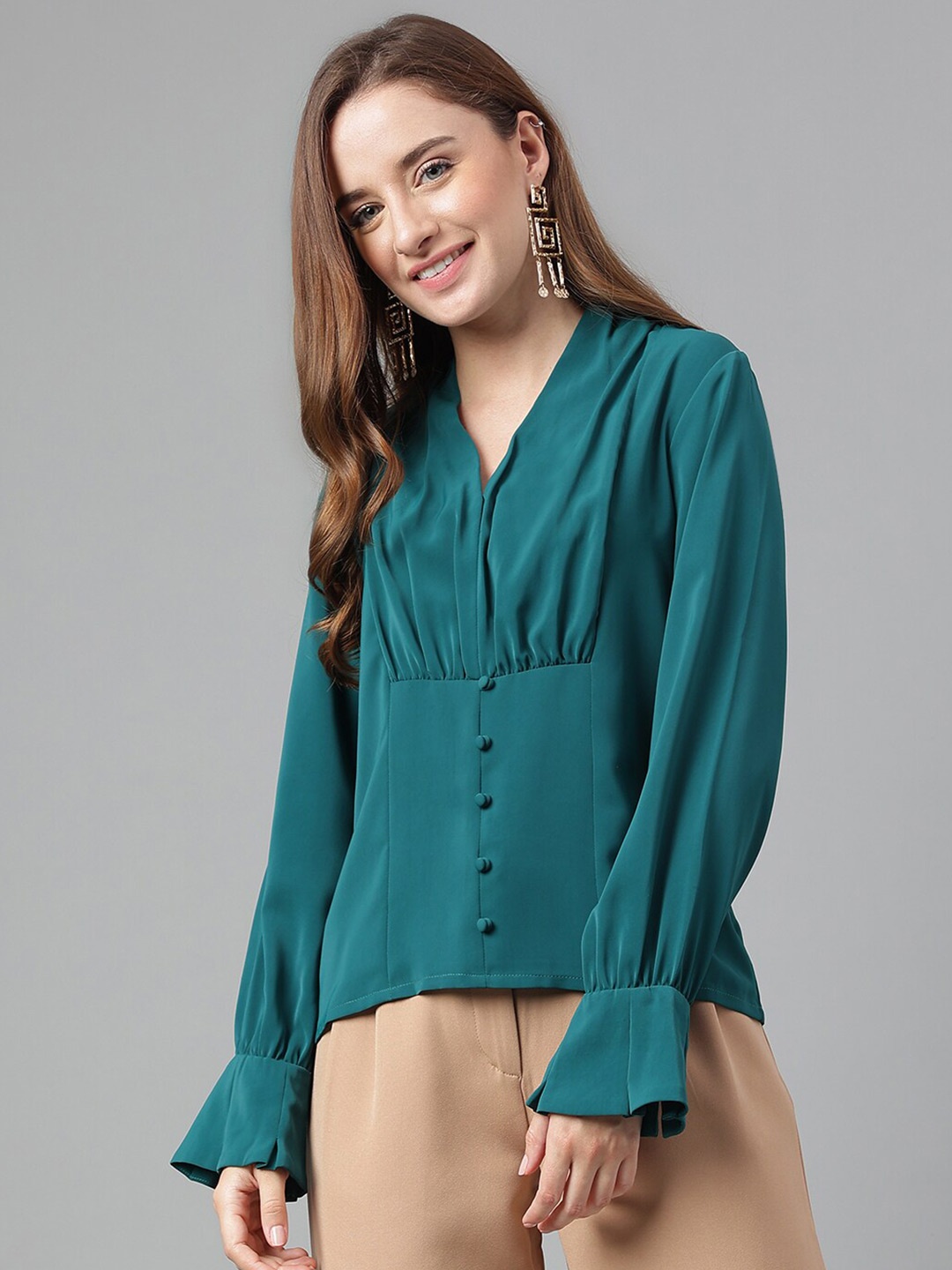 

Latin Quarters V-Neck Bell Sleeve A-Line Top, Green