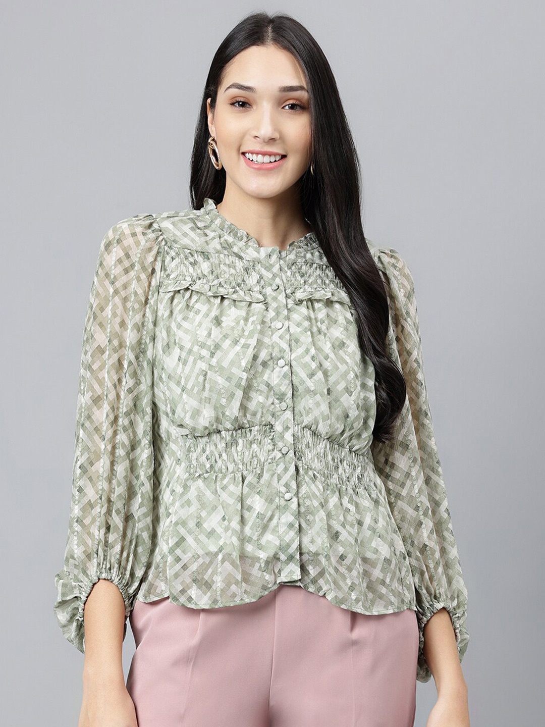 

Latin Quarters Floral Print Mandarin Collar Puff Sleeve Cinched Waist Casual Top, Green