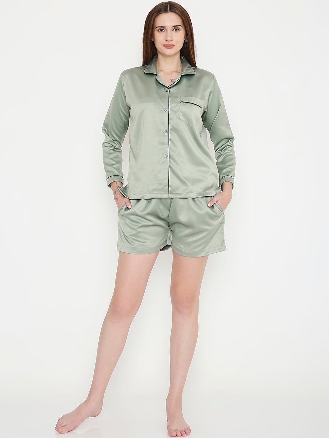 

Arendelle Lapel Collar Satin Night suit, Sea green