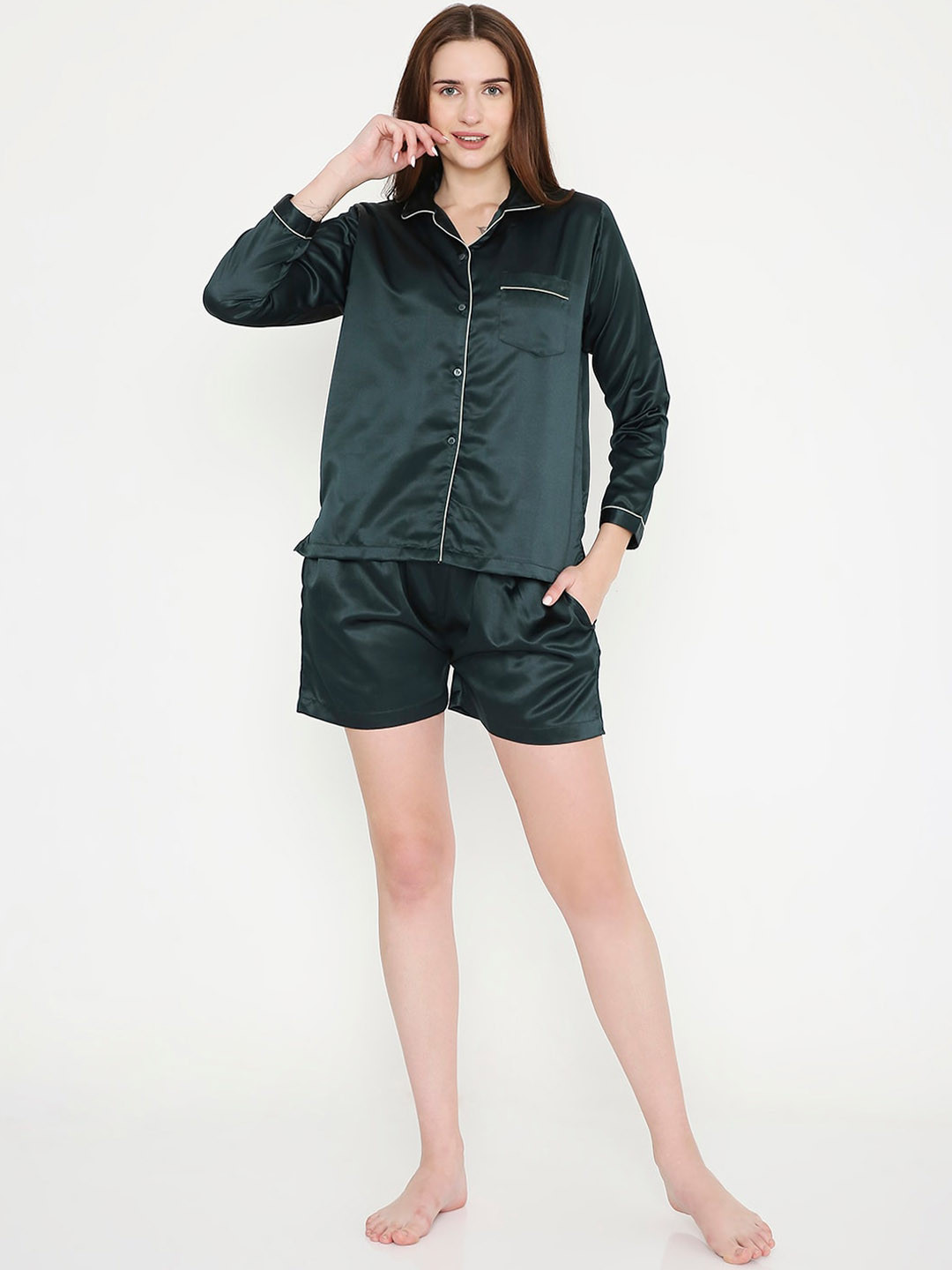 

Arendelle Lapel Collar Satin Night suit, Green