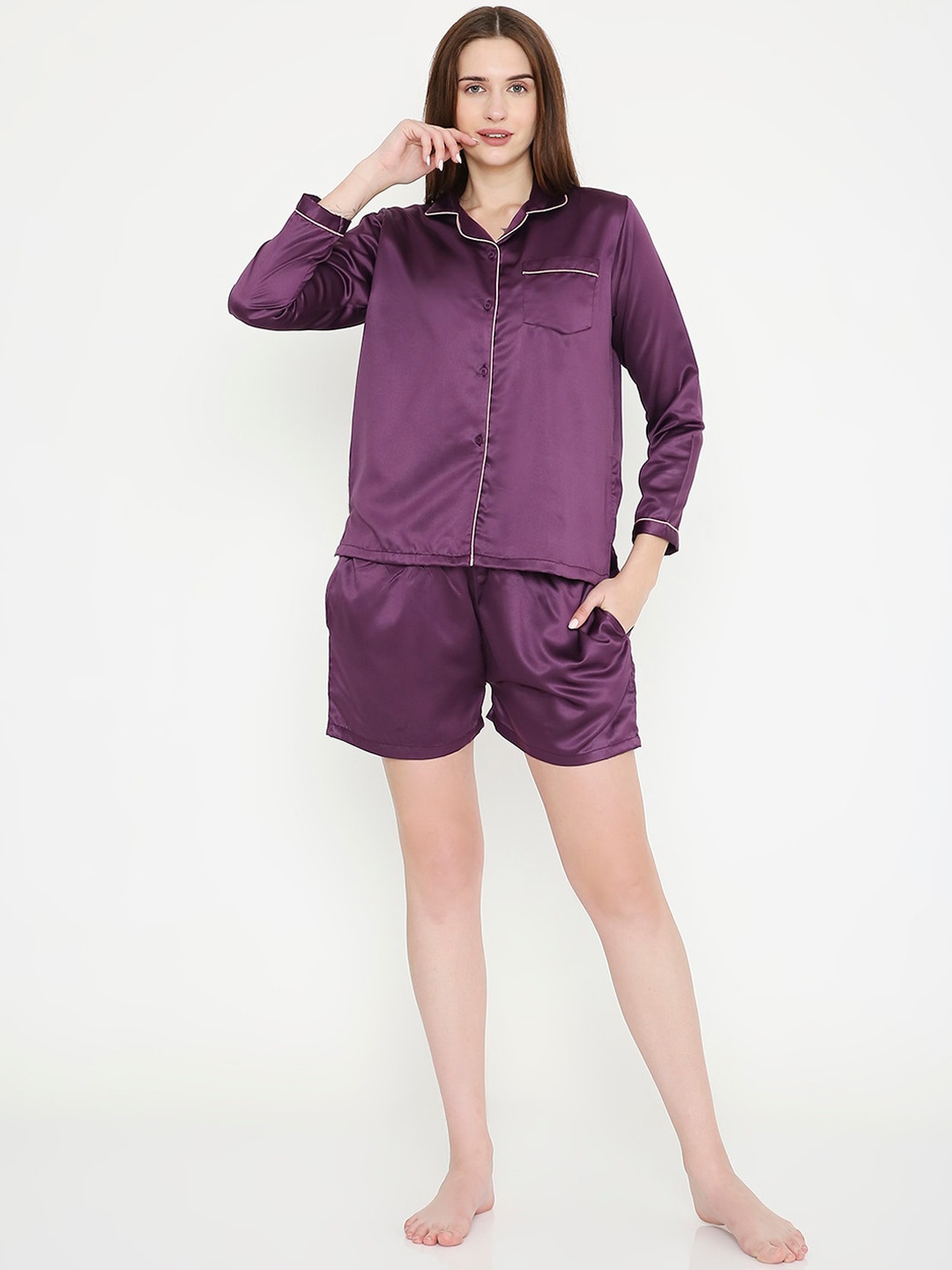 

Arendelle Lapel Collar Long Sleeves Satin Night suit, Purple
