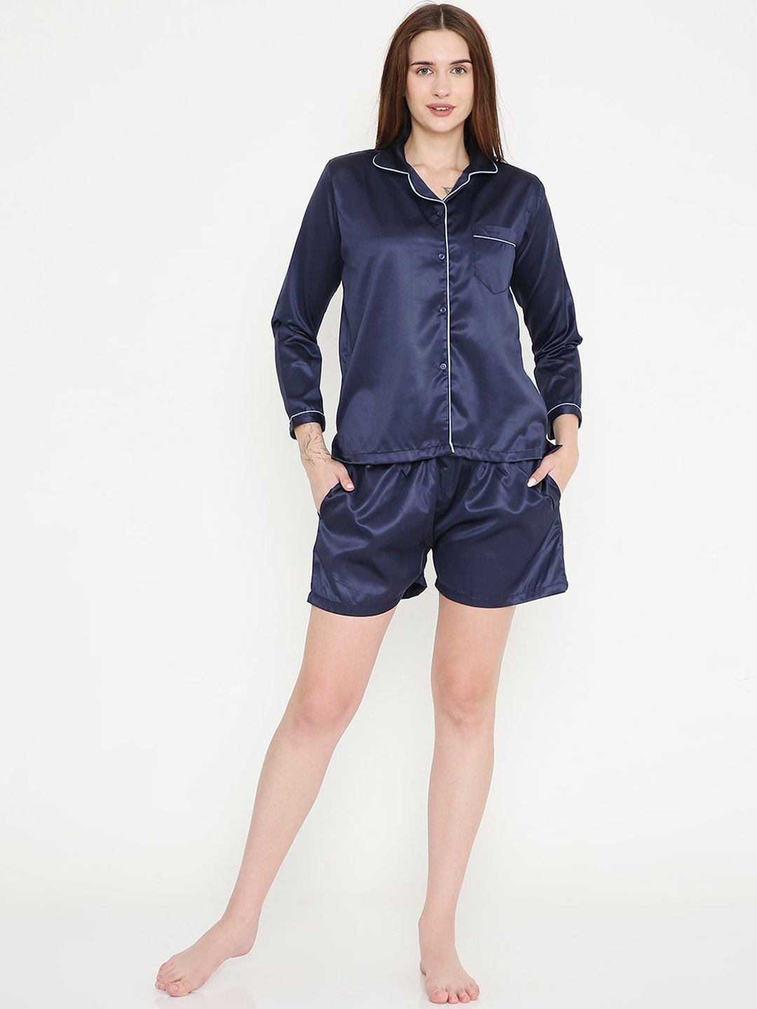 

Arendelle Lapel Collar Long Sleeves Satin Night suit, Blue