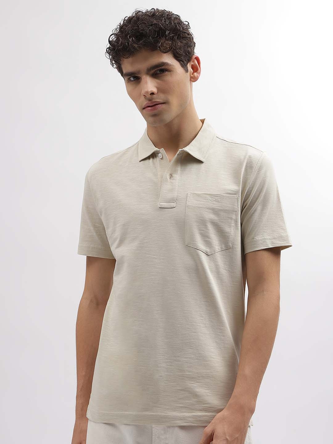 

GANT Striped Polo Neck Regular Fit T-Shirt, Beige