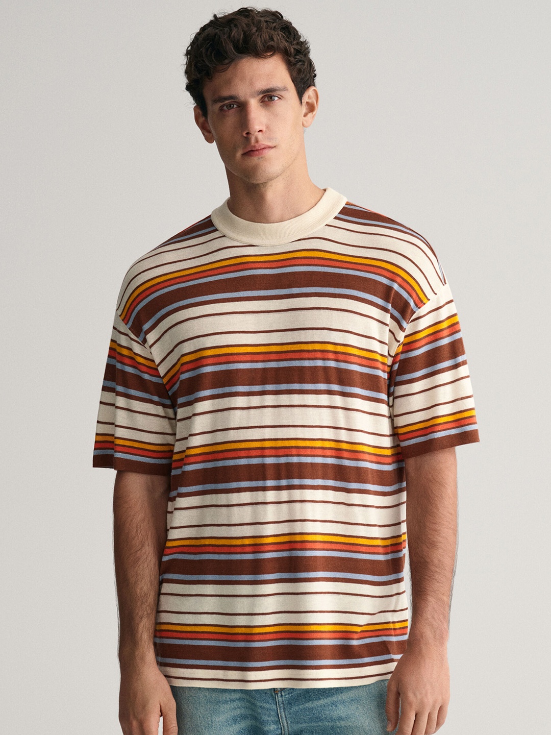 

GANT Relaxed Fit Multistriped Round Neck T-shirt, Maroon