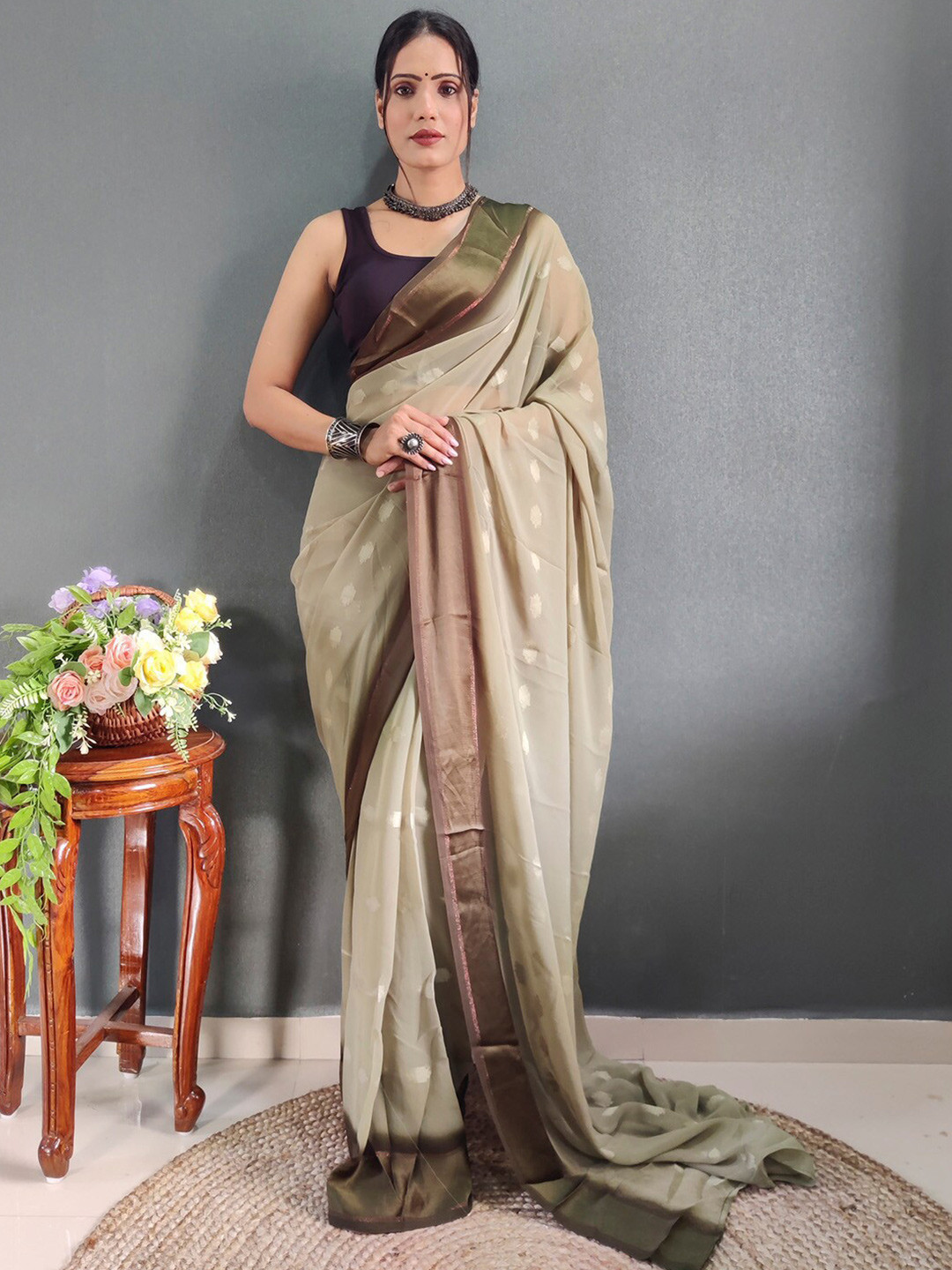 

Kalini Ready to wear Ethnic Motifs Printed Ready to Wear Georgette Saree, Olive