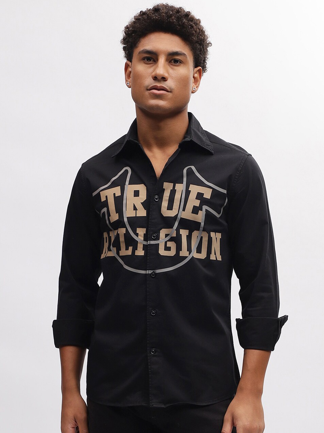 

True Religion Typography Printed Spread Collar Casual Shirt, Black