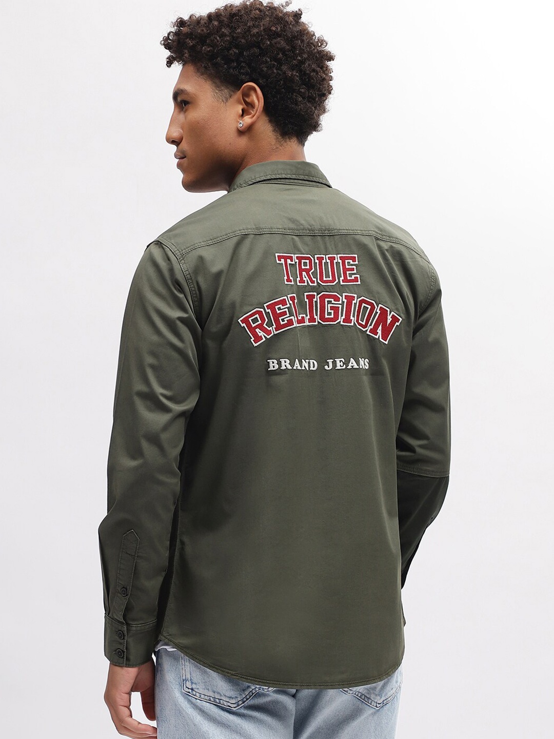 

True Religion Typography Printed Spread Collar Casual Pure Cotton Shirt, Green