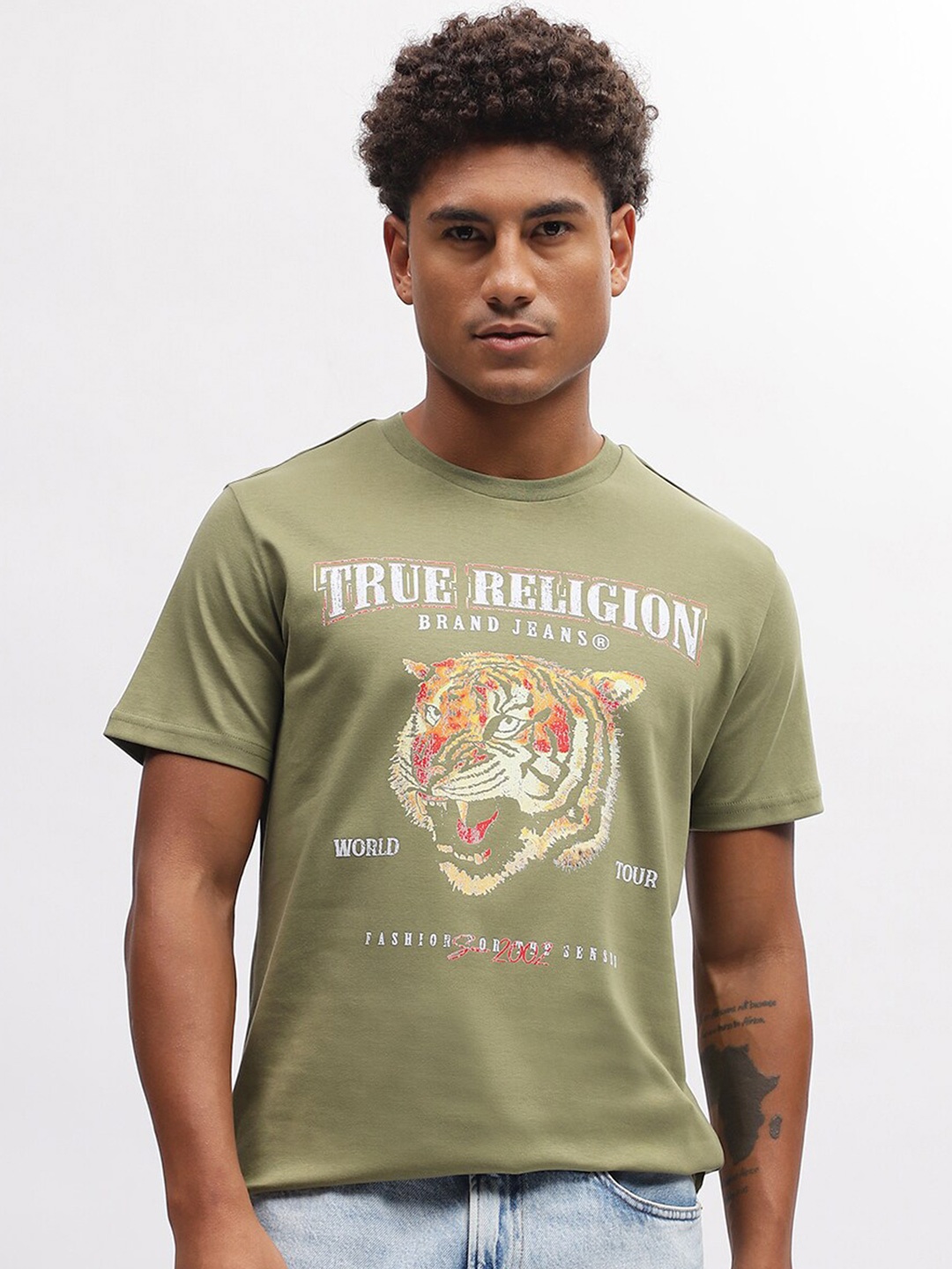 

True Religion Typography Printed Round Neck Cotton T-shirt, Green