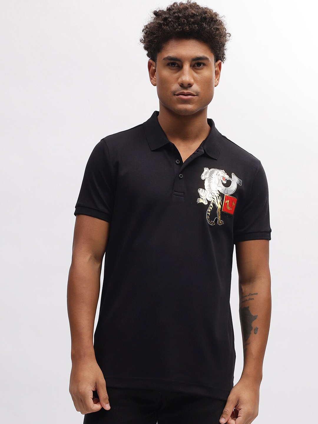

True Religion Men Floral Printed Polo Collar Applique T-shirt, Black