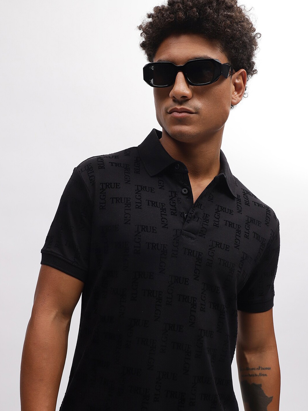 

True Religion Typography Printed Polo Collar Pure Cotton T-shirt, Black