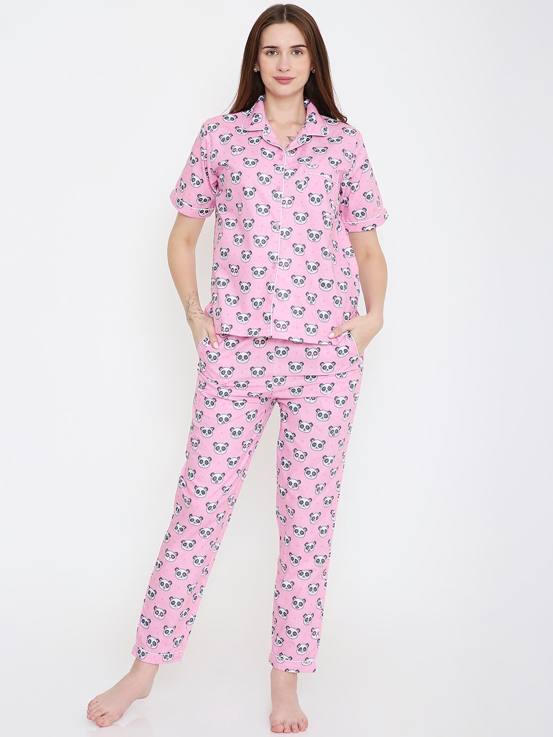 

Arendelle Panda Graphic Printed Pure Cotton Night suit, Pink