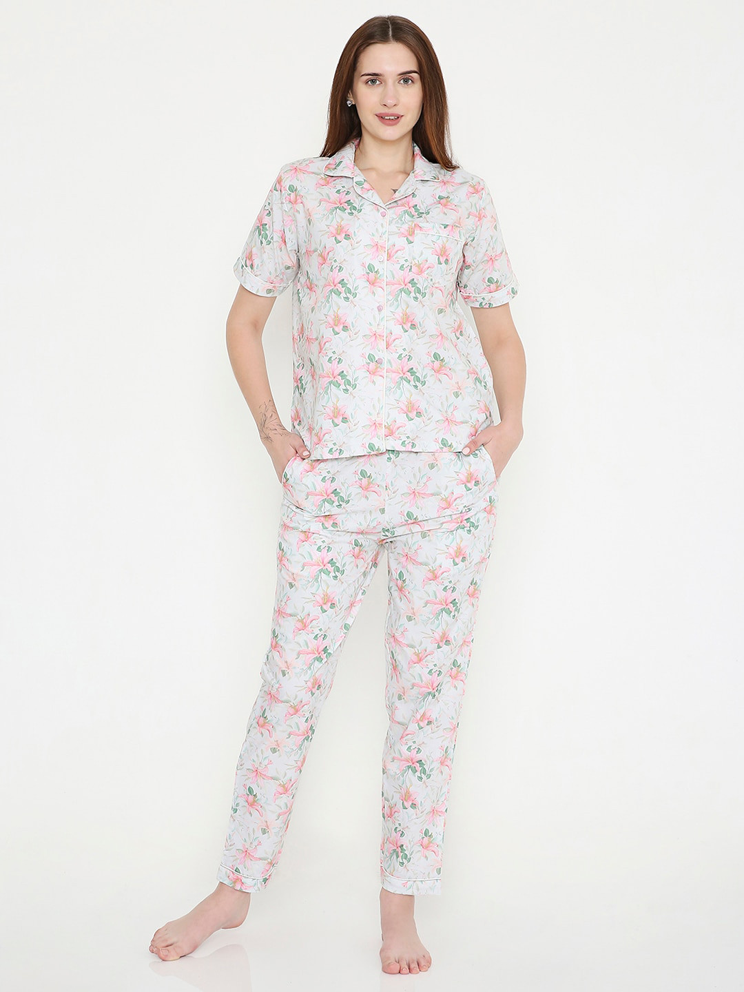 

Arendelle Floral Printed Pure Cotton Night suit, White