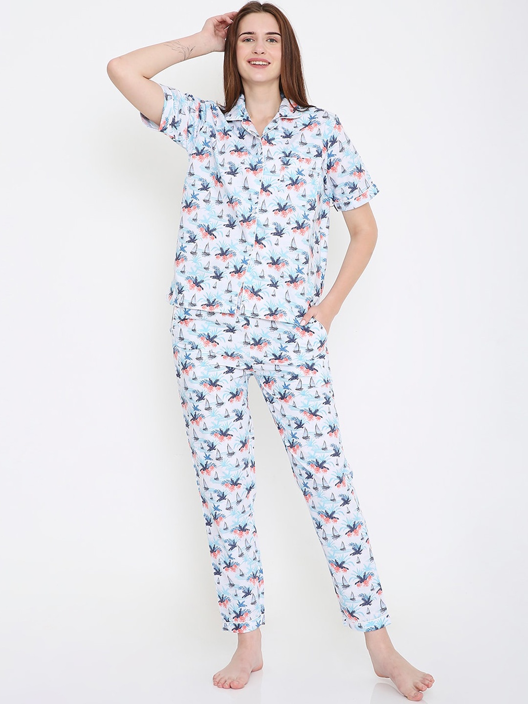 

Arendelle Tropical Printed Pure Cotton Night suit, White