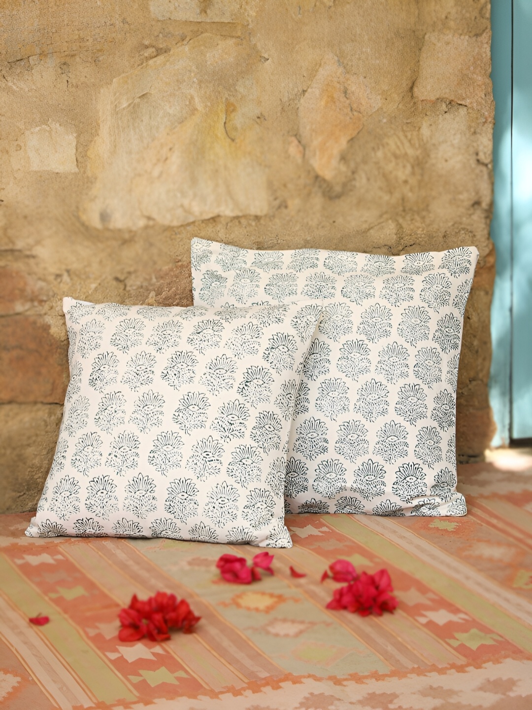 

SANSKRUTIHOMES Green & White 2 Pieces Ethnic Motifs Square Cushion Covers
