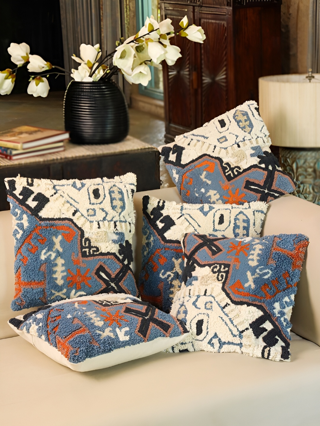 

SANSKRUTIHOMES Blue & Beige 5 Pieces Geometric Textured Cotton Square Cushion Covers