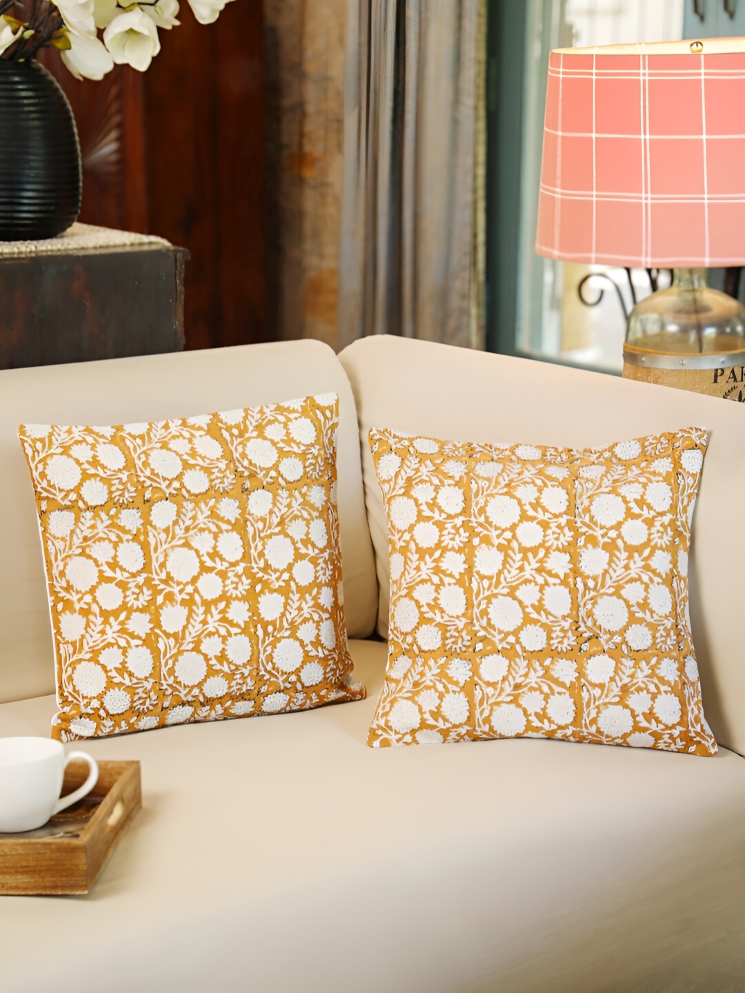 

SANSKRUTIHOMES Off White & Orange 2 Pieces Floral Square Cotton Cushion Covers